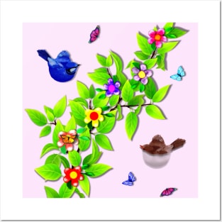 Cute Birds. Fairy Wren Couple and Butterflies Posters and Art